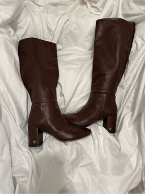 Tory Burch Dark Brown Leather Knee-High Block Heel Boots